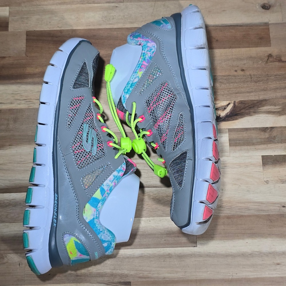 Skechers Skech-Flex Relaxed Fit Sneakers Gray Pink Green Women's 8‎